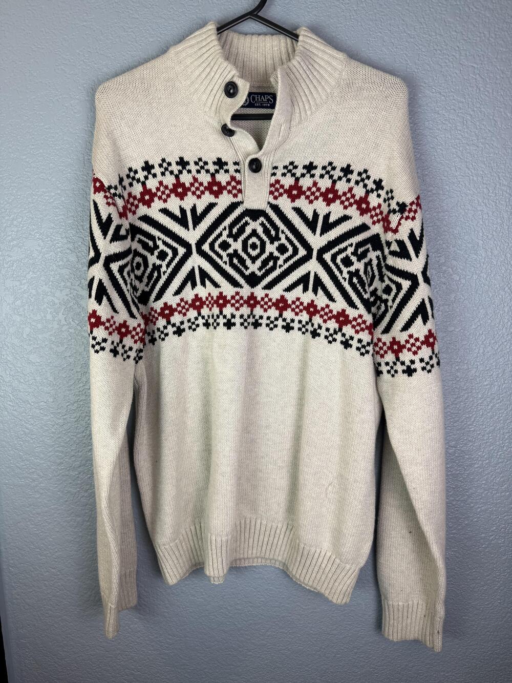 Chaps Sweater Mens Large Cream Fair Isle Knit Pullover Nordic Geometric Winter